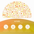 Autumn concept in half circle with thin line icons: maple, mushrooms, oak leaves, apple, pumpkin, umbrella, candles, acorn, Royalty Free Stock Photo