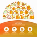 Autumn concept in half circle with thin line icons: maple, mushrooms, oak leaves, apple, pumpkin, umbrella, rain, candles, rubber Royalty Free Stock Photo