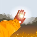 Autumn concept. Hand outstretched to the sun on fall background. Vector illustration