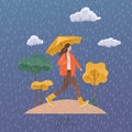 Autumn concept illustration. Girl with umbrella under autumn rain Royalty Free Stock Photo