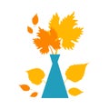 Autumn concept for postcard, card, for thematic banner, poster. Autumn orange and yellow leaves in blue vase