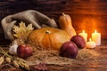 Autumn concept of pumpkins, red apple, garlic, leaf, straw and b Royalty Free Stock Photo