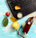 autumn concept, ripe apples, laptop,leaves on blue paint wood surface,top view Royalty Free Stock Photo