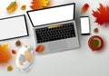 Autumn concept of workspace laptop computer digital tablet