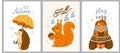 Autumn cool cozy vector illustration set with sweet quotes. Happy hedgehog walking under rain holding big yellow