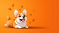 autumn corgi character, a happy corgi cartoon rolling on its back, surrounded by falling leaves on a minimalistic orange