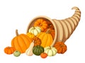 Autumn cornucopia (horn of plenty) with pumpkins. Vector illustration. Royalty Free Stock Photo