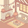 Autumn Cosy Home Interior with Fireplace. Sofa. and Decor Royalty Free Stock Photo