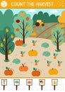 Autumn counting game with harvest in the garden or field. Fall or Thanksgiving math activity for preschool children. Simple