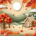 Autumn Countryside House with Trees and Leaves