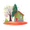 Autumn countryside. Illustration with rustic house, seasonal trees, fall leaves.