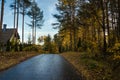 Autumn countryside landscape. Wet asphalt road in the forest after rain Royalty Free Stock Photo