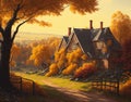 Autumn Retreat - Cozy Homestead Amidst a Seasonal Canvas - Generated using AI Technology Royalty Free Stock Photo