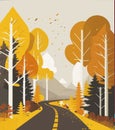 Autumn countryside scenery mid-autumn leaves falling from trees in orange foliage. Vector illustration
