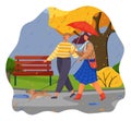 Autumn, couple of happy girl and guy with umbrella walking in park under rain with dog at leash