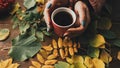 Autumn coziness hot drink warm sweater foliage