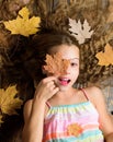 Autumn coziness is just around. Coziest things about fall. Kid cute girl relax wooden background autumn attributes top Royalty Free Stock Photo