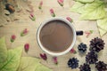 Autumn cozy background - cup of coffee with milk, autumn yellow leaves, wooden background. Autumn still life concept