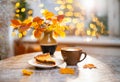 Autumn cozy background. Pie and coffee.