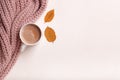 Autumn cozy composition, cup of coffee, pink pastel plaid on white background