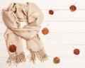 Autumn cozy composition with dried leaves of aspen and pastel beige scarf on wooden background