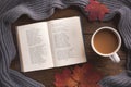 Autumn, cozy composition. Warm scarf, book, cup of coffee, maple leaves, on wooden background Royalty Free Stock Photo