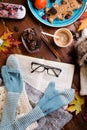 Autumn cozy composition at wooden table. life style concept. flat lay