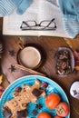 Autumn cozy composition at wooden table. life style concept. flat lay