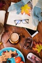 Autumn cozy composition at wooden table. life style concept. flat lay