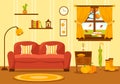 Autumn Cozy Home Decor Vector Illustration with Living Room Interior Furniture Background Elements in Flat Cartoon Hand Drawn Royalty Free Stock Photo