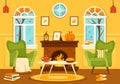 Autumn Cozy Home Decor Vector Illustration with Living Room Interior Furniture Background Elements in Flat Cartoon Hand Drawn Royalty Free Stock Photo