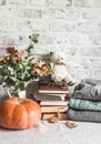 Autumn cozy home still life. Pumpkin, dry branch pitcher, stack of books, pile of winter autumn sweaters,  teddy bear on the Royalty Free Stock Photo