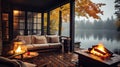 Autumn cozy porch of a lake house with a fireplace and atmosphere for relaxation