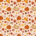 Autumn cozy seamless pattern with falling leaves and pumpkins. Infinite vector background