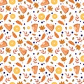 Autumn cozy seamless pattern with pumpkin pie,lemons,berries and leaves.