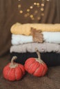 Autumn cozy still life with handmade pumpkin, sweaters, leaves and warm lights. Thankgiving or Halloween concept