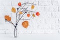 Autumn creative bouquet of branches with yellow leaves on clothespins in vase on table background white brick wall Copy space