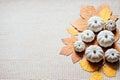 Autumn creative craft background web banner with decorative clay pumpkins and wooden autumn leaves. Decorative pumpkins Royalty Free Stock Photo