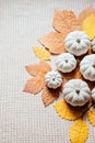 Autumn creative craft background web banner with decorative clay pumpkins and wooden autumn leaves. Decorative pumpkins Royalty Free Stock Photo