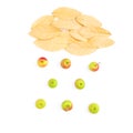 Autumn creativity composition. Cloud made of autumn dried leaves and drops of apple fruits on white background. Flat lay, top view