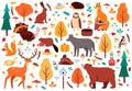 Autumn cute animals. Wild hand drawn bear raccoon fox and deer characters, woodland birds and animals isolated vector Royalty Free Stock Photo