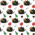 Autumn cute seamless pattern. Hedgehog, fruit, leaves, acorns, mushrooms Easy for design fabric, textile, print, icon