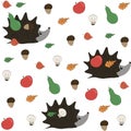 Autumn cute seamless pattern. Hedgehog, fruit, leaves, acorns, mushrooms Easy for design fabric, textile, print, icon