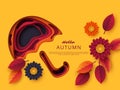 Autumn 3d paper cut umbrella with leaves and flowers. Abstract background with shapes in yellow, orange, purple colors Royalty Free Stock Photo