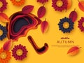 Autumn 3d paper cut umbrella with leaves and flowers. Abstract background with shapes in yellow, orange, purple colors Royalty Free Stock Photo