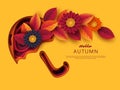 Autumn 3d paper cut umbrella with leaves and flowers. Abstract background with shapes in yellow, orange, purple colors Royalty Free Stock Photo