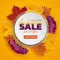 Autumn 3d sale banner, paper frame, colorful tree leaves on yellow background. Autumnal design for fall season greeting card, sale Royalty Free Stock Photo