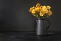 Autumn dark still life. Fall with yellow chrysanthemum flowers in clayware vase on black. Royalty Free Stock Photo