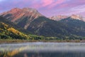 Autumn Dawn Crystal Lake and Red Mountain Royalty Free Stock Photo