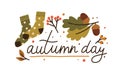 Autumn day colorful lettering with design elements vector flat illustration. Cute fall composition decorated by leaves